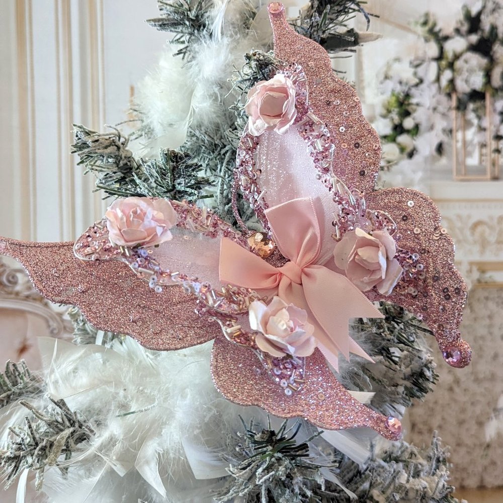 Large Pink Butterfly with Roses Christmas Ornament Shabby Victorian Cottage Chic